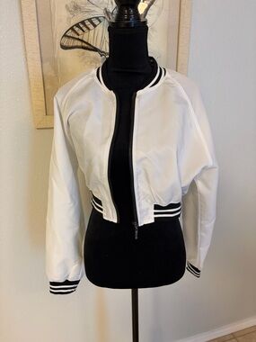 Mono B White Cropped Varsity Bomber Jacket Size Small NWOT